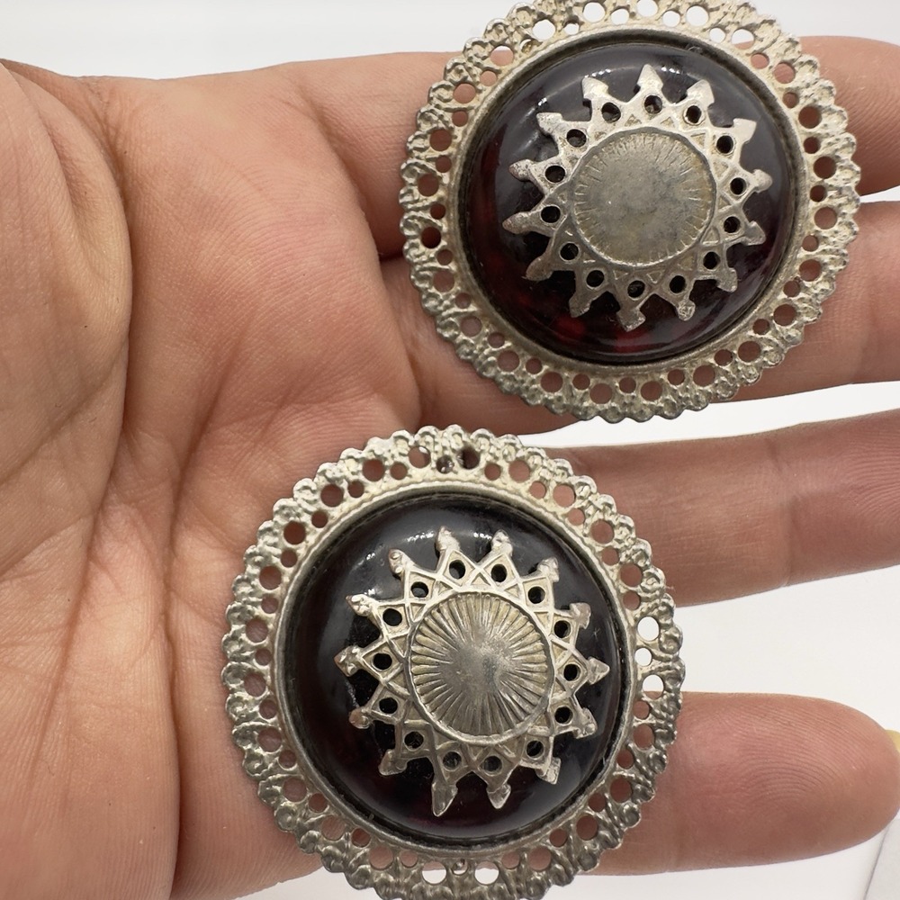 Vtg Etruscan Revival Earrings Silver Tone Ornate Large Clip On Statement